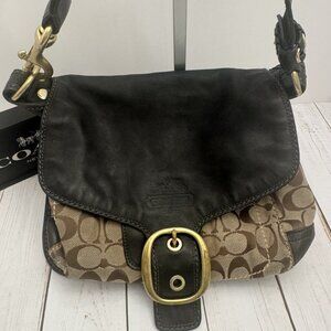 Coach Black Leather Bleeker Beige Canvas C’s Flap Shoulder Bag 11434 10” PROJECT